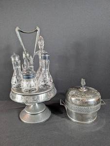 Vintage Silverplate Cruet Stand & Covered Dish Set (Lot of 2)