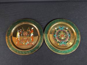 Aztec Calendar Brass Enamel Plates Pair