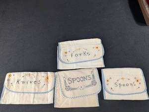Vintage Embroidered Flatware Holders Set of 4