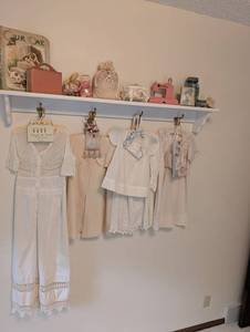 Vintage Mixed Lot Sewing Machine, Needlework Clothing & Decor (Shelf Not Included)