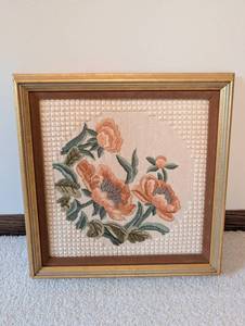 Vintage Framed Floral Needlepoint Wall Art
