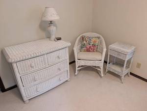 White Wicker Bedroom Set Dresser Chair & Nightstand