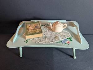 Vintage Painted Breakfast Tray With Teapot, Book & Doily