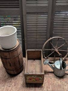 Vintage White Ribbon Produce Crate, Wagon Wheel & Watering Can Mixed Lot