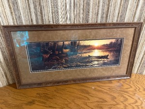 Framed Terry Redlin Wildlife Print  Deer at Sunset with Canoe, Tru Vue Museum Glass, 39 x 19