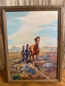 Vintage Framed Western Oil Painting on Canvas Wild Horses Signed J.K. Ralston, Dated 58