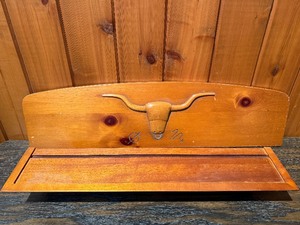 Vintage Rustic Wooden Longhorn Wall Decor Plaque & Floating Display Shelf