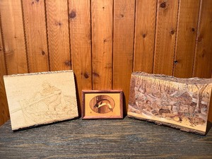 Vintage Wood Art Plaque Lot - Pyrography & Hudson River Wood Inlay - 3 Pcs.
