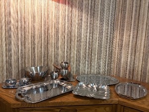 Vintage Mid-Century & Elegant Entertaining Serveware Lot - Stainless, Wood, Silverplate Trays - 11 Pcs