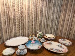 Vintage Antique Floral Porcelain Serving Platters Bowls Cups and Majolica Pitcher Lot 15 Pcs