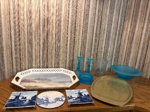 Vintage Pyrex Butterfly Gold and Woodland Bowls with Mid Century Amber Glass Serveware Lot