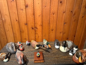 Vintage Waterfowl Decoy and Collectible Figurine Lot with Decorative Playing Card Box - 14 Pieces Total