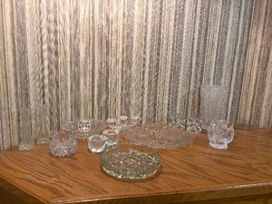 Vintage Clear Cut Glassware Serving Bowls Platters and Decorative Basket Lot 12 Pcs
