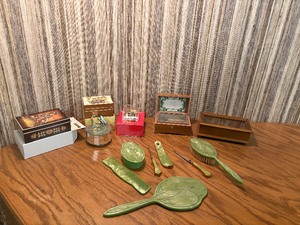 Vintage Music Box & Vanity Lot - Swiss Thorens, HummelAnri, Reuge, Celluloid Green Vanity Set, Working Movements, Ideal Collector Estate Find