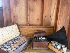 Antique Edison Standard Cylinder Phonograph with Large Black Morning Glory Horn, 40 Cylinder Records & Leather Travel Case Collection