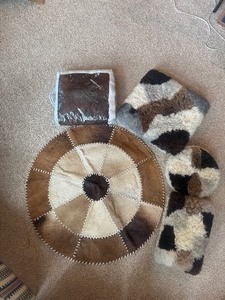 Genuine Cowhide Patchwork Round Rug, (3) AlpacaSheepskin Style Pillows & NIB Fleece Blanket