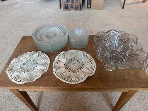 Vintage Pressed & Pattern Glass Serving Lot with Crocheted Doilies