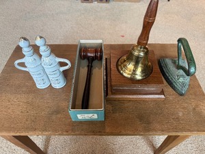 Vintage Decor & Collectibles Lot Brass Desk Bell, Gavel, Sad Iron & Vanity Bottles