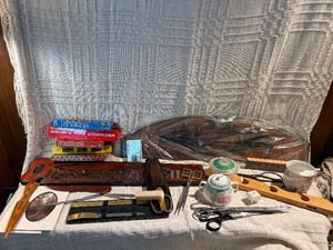 Vintage Estate Lot  Dominoes, Checkers, Grandpas Shop Sign, Knives, Scissors, Porcelain Sugar Bowls, Wooden Tray & More
