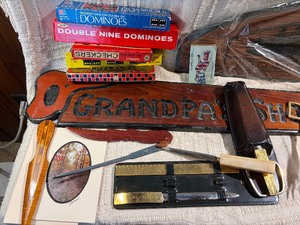 Vintage Estate Lot  Dominoes, Checkers, Grandpas Shop Sign, Knives, Scissors, Porcelain Sugar Bowls, Wooden Tray & More
