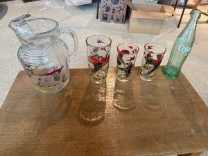 Vintage Mid-Century Pheasant Hunt Glass Pitcher & Tumbler Set