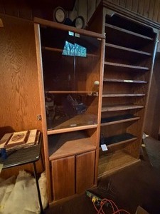 Vintage Oak Wooden Display Cabinet  Media Tower with Glass Doors