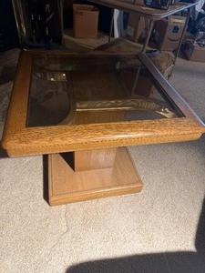 Vintage Mid-Century Style Oak End Table with Smoked Glass Insert and Brass Accents