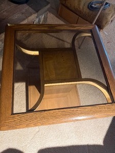Vintage Mid-Century Style Oak End Table with Smoked Glass Insert and Brass Accents