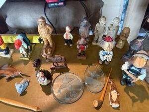 Collection of Hand-Carved Wooden Folk Art Sculptures, Nautical Figures, and Engraved Glass Plates