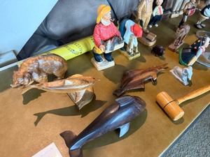Collection of Hand-Carved Wooden Folk Art Sculptures, Nautical Figures, and Engraved Glass Plates