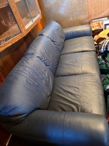 Plush Navy Blue Leather Three-Cushion Sofa