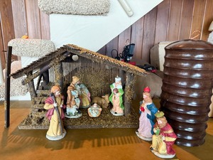 Vintage Ceramic Nativity Set with Wooden Stable & Music Box