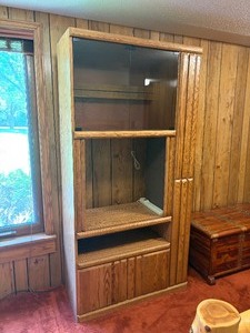 Vintage 1980s Honey Oak Entertainment Center with Hidden Pull-Out Media Rack