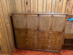 Mid-Century Modern Walnut Gentlemans Chest  Dresser with Cane Mesh Doors