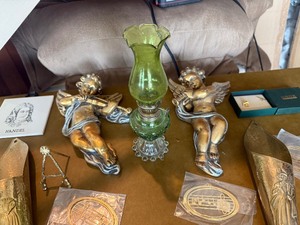 Vintage & Antique Decor Lot Brass Wall Art, Cherub Figurines & Green Glass Oil Lamp