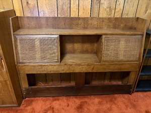 Vintage Mid-Century Wooden Queen Headboard with Faux Cane Sliding Doors