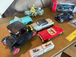 Vintage & Modern Toy Vehicle Collection 10-Piece Lot featuring Tyco RC Mini Cooper, Tin Litho Motorcycle, and Classic Die-Cast Cars