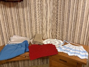 Vintage Table Linens & Textiles Lot - Crocheted Apron, Lace Doily, Damask Napkins, Placemats & Tablecloths