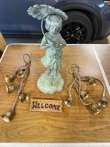 Heavy Cast Metal Garden Fountain Statue  Girl Holding Flower Umbrella Fountain Feature,Brass Bell Hangers & Reversible WelcomeGo Away Sign