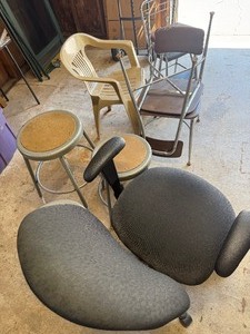 Mixed Seating Lot  Office Chair, Metal Bar Stools, Vintage Chairs & Plastic Patio Chair