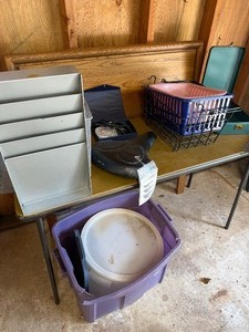 Mixed Household & Office Organization Lot w Folding Table, Blood Pressure Gauge, Storage Bins & More