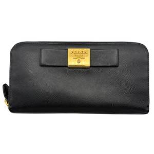 Prada Saffiano Leather Zip Around Wallet Black w Gold Logo Plate Pre-Owned Retail $1,050