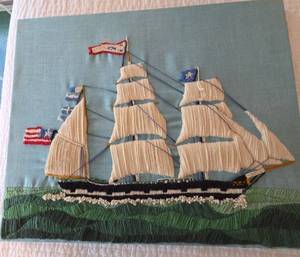 Vintage Nautical String Art Clipper Ship Textile Wall Hanging