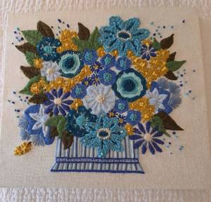 Handmade Floral Embroidery Textile Wall Art Panel Blue Basket Approx 20in