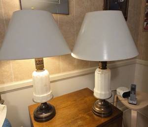 Pair of White Glass Brass Table Lamps With Shades See Photos