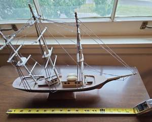 Vintage Wooden Model Schooner Ship Nautical Table Decor on Stand