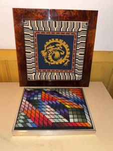 Pair of Framed Needlepoint Wall Art Geometric & Dragon Motifs