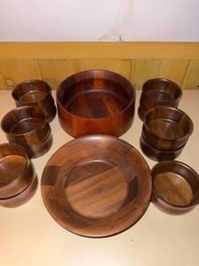 Vintage MCM Teak Dansk Salad Bowl and Burl Walnut Salad Bowl Set Wood Serving Bowls 8 Pc