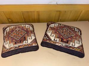 Pair of Turkish Kilim Style Accent Throw Pillows Woven Geometric