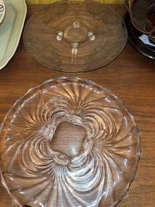 Vintage Pink Depression Glass Serving Plates Etched Floral & Swirl